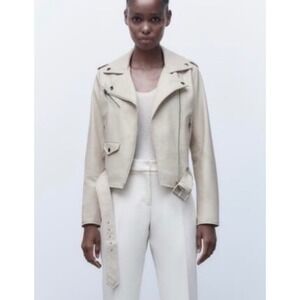 Zara Basic Womens Faux Suede Biker Moto Jacket Sand Beige Belted XS
